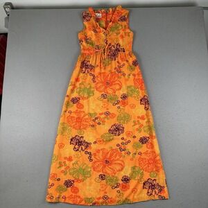Vintage 60s Lilia Honolulu Dress Barkcloth Neon Orange Floral Hawaiian Maxi XS